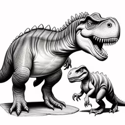 two dinosaurs are depicted in this black and white drawing,dinosaurs are seen in this image, and one has an adult