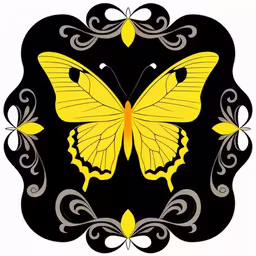 yellow butterfly sitting in an ornate black frame,yellow butterfly with swirls and ornate border