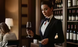 a woman in a tuxedo with wine and a plate holding it