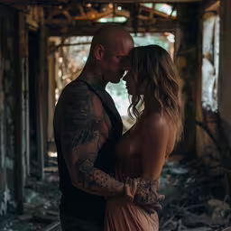 a man and woman standing next to each other in a room with a broken ceiling,a woman in a dress standing next to a man in a building
