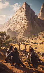 three friends are sitting on the ground near a rocky mountain range