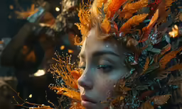 a young woman with frecky leaves around her head