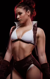 the woman in the white bikini has a gun attached to her chest