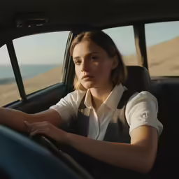 a woman with a cellphone is sitting in the passenger seat of her car