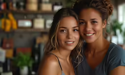 two girls are posing for a picture while hugging