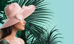 woman wearing a light pink hat and standing by palm leaves