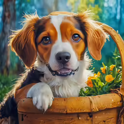 a brown and white dog leaning on a basket