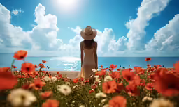 the woman is standing in a field full of flowers