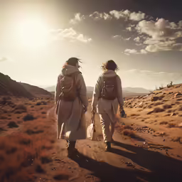 two men walking together in the desert