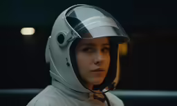 woman wearing a helmet and white coat in the dark