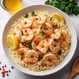 a bowl of shrimp, parsley, and rice with a lemon slice and cilantro