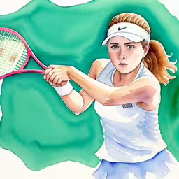 the girl is getting ready to hit the tennis ball,a girl hitting a ball with her tennis racket,a female tennis player about to hit a ball,a girl is holding a tennis racket with both hands,a drawing of a girl playing tennis, is holding her racket
