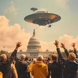 a group of people gathered around an object flying in the air