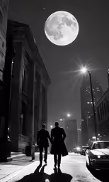 the moon shining in front of some tall buildings