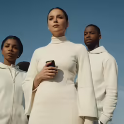 three black and white models standing against a blue sky