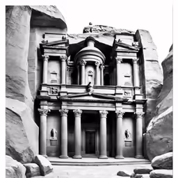 an old building with several pillars and a doorway