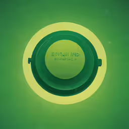 there is an image of a circle on the wall,a green object with a white center on the center is a round object with black words
