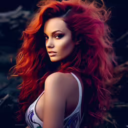 a beautiful woman with long red hair wearing white top,red - haired woman with red hair stands in front of a bush