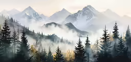 the view from a foggy mountain shows pine trees