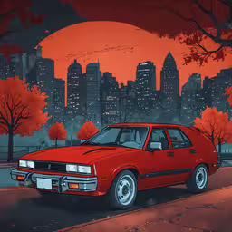 a red station wagon on the road near a city,an illustration of a red car driving on a road