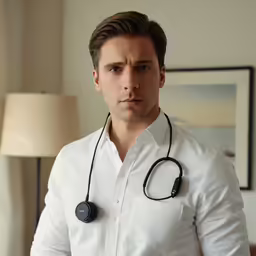 man in white shirt holding stethoscope on his head