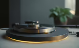 a modern turntable in black and gold with a plant on the table in the background