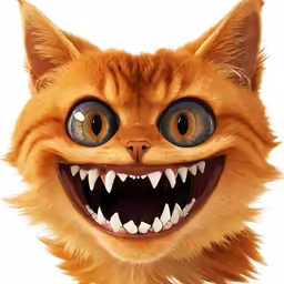an orange cat with big teeth has huge blue eyes