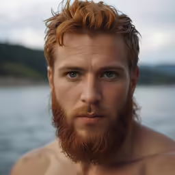 a man with red hair, beard and no shirt in front of water