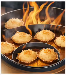 food being cooked in a pan and being grilled over,an image of food in a fire setting