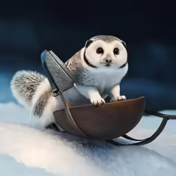 a little snowy squirrel riding on top of an object
