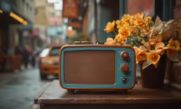 an old television with a brown side and some yellow flowers in the background