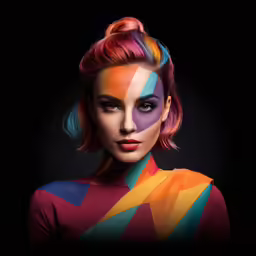 a woman with multicolor hair and makeup is posed