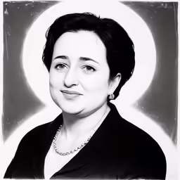 a woman wearing a necklace with an oval background