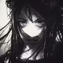 black and white photo of a woman with hair falling from her face