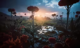 a field with some flowers on it at sunset