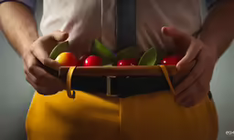 person wearing brown pants holding a yellow cloth with cherries and green leaves