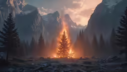 a mountain forest and a fire blazing through the trees