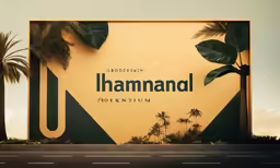 a yellow wall with some palm trees and an advertisement