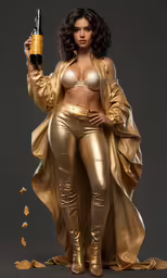 a sexy woman dressed in shiny gold holding a drink