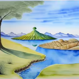 a painting on the ground showing a mountain lake and a tree,a painting of the landscape in nature