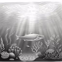 drawing by numbers on the body of a fish under water,fish and algae under the water with sun beams above,an underwater scene with fish, corals and spongeweed,this is a drawing of sea plants and fish in a coral reef,black and white drawing of seaweed, corals and a fish