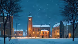 a large church with a tower at night