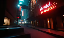 there is a red lit street sign on the side of a building
