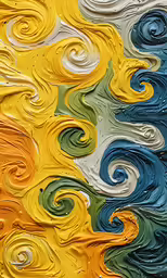 a close up of an abstract painting in yellow, blue and green