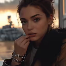 a woman in a fur collar stares off into the distance