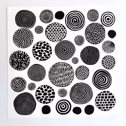 an abstract black and white image of circles,a black and white painting with many circles on it