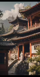 a tall wooden building with lots of steps