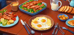 plates filled with meats and fried eggs on a wooden table,a meal with eggs and sausage, a salad and french toast