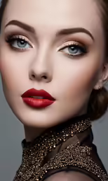 a young woman wearing red lipstick and gold choker