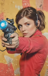 a woman wearing headphones holding a rifle